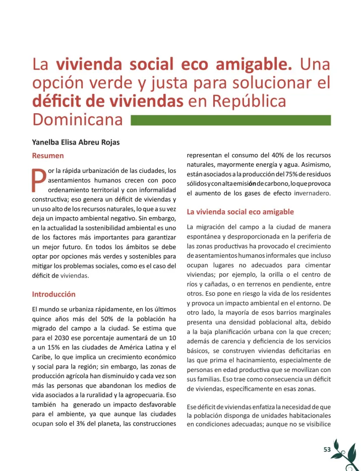Portada de La vivienda social eco amigable. Una opción verde y justa para solucionar el déficit de viviendas en República Dominicana