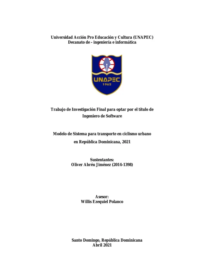 Portada de Modelo de Sistema para transporte en ciclismo urbano en República Dominicana, 2021