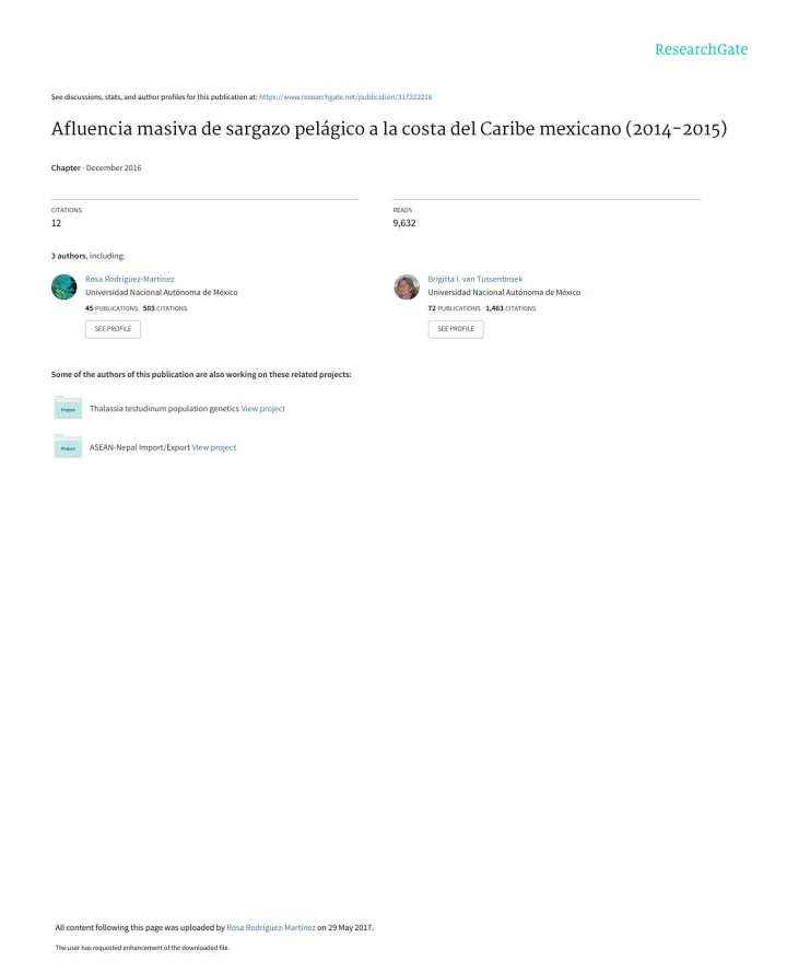 Portada de Afluencia masiva de sargazo pelágico a la costa del Caribe Mexicano (2014-2015)