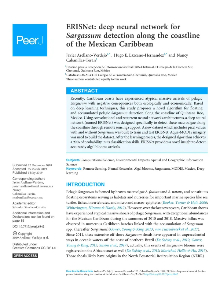 Portada de ERISNet: deep neural network for Sargassum detection along the coastline of the Mexican Caribbean
