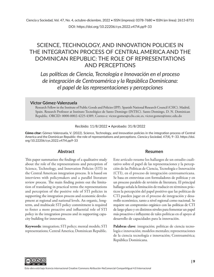 Portada de Science, Technology, and Innovation policies in the integration process of Central America and the Dominican Republic: the role of representations and perceptions