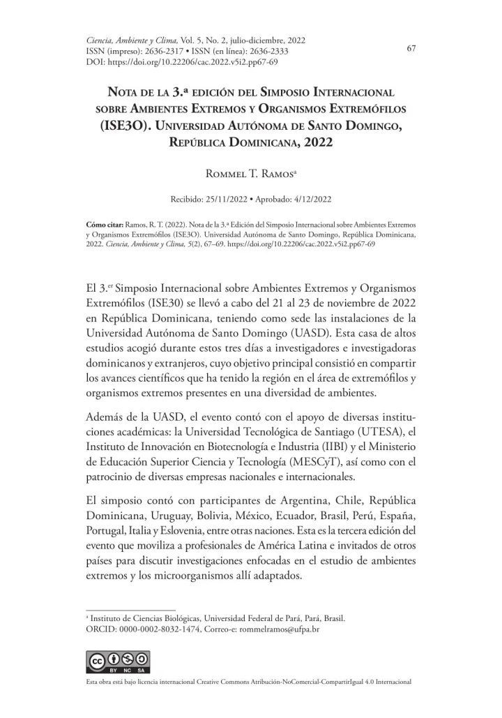 Portada de Nota de la 3.ª Edición del Simposio Internacional sobre Ambientes Extremos y Organismos Extremófilos (ISE3O). Universidad Autónoma de Santo Domingo, República Dominicana, 2022