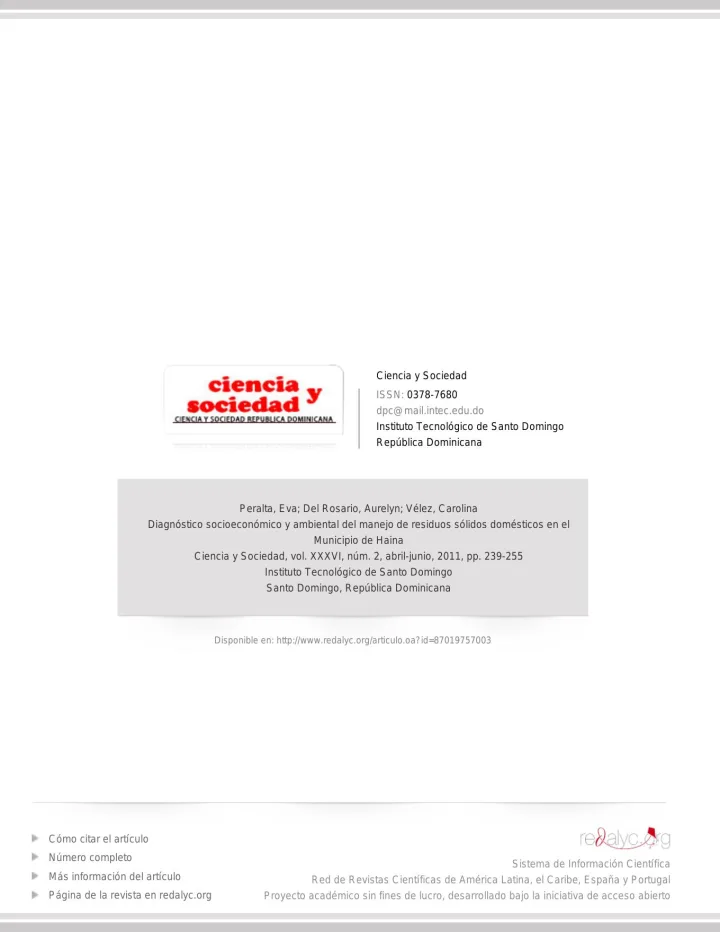 Portada de Diagnóstico socioeconómico y ambiental del manejo de residuos sólidos domésticos en el Municipio de Haina