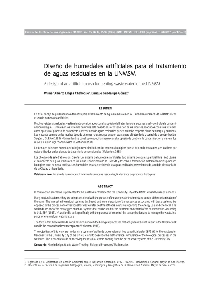 Portada de Diseño de humedales artificiales para el tratamiento de aguas residuales en la UNMSM
