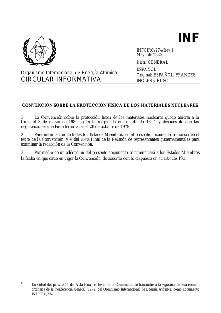 Portada de Convención sobre la Protección Física de los Materiales Nucleares