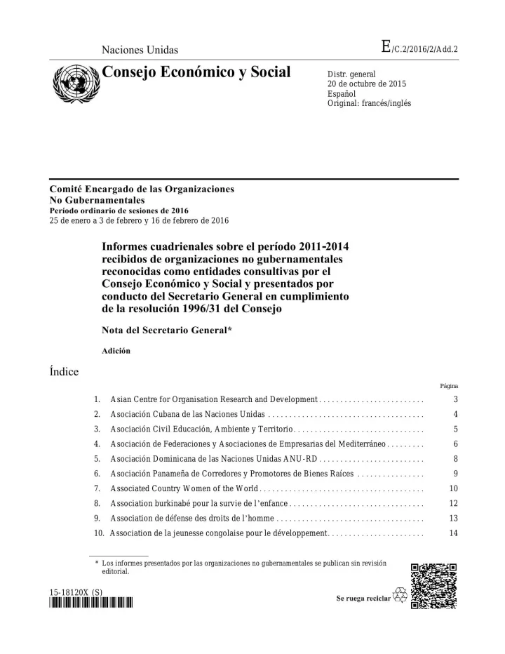 Portada de Informes cuadrienales sobre el período 2011-2014 recibidos de organizaciones no gubernamentales reconocidas como entidades consultivas por el Consejo Económico y Social y presentados por conducto del Secretario General en cumplimiento de la resolución 1996/31 del Consejo: Nota del Secretario General: Adición