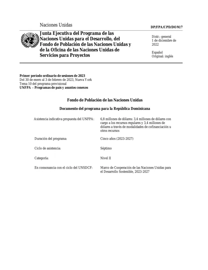 Portada de Junta Ejecutiva del Programa de las  Naciones Unidas para el Desarrollo, del  Fondo de Población de las Naciones Unidas y  de la Oficina de las Naciones Unidas de  Servicios para Proyectos. Documento del programa para la República Dominicana