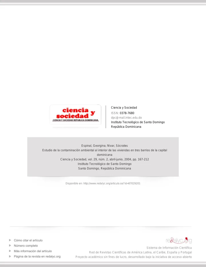 Portada de Estudio de la contaminación ambiental al interior de las viviendas en tres barrios de la capital dominicana
