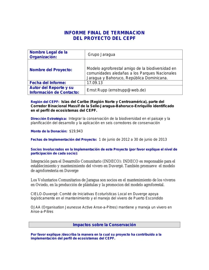 Portada de Informe final de terminación del proyecto del CEPF: Modelo agroforestal amigo de la biodiversidad en comunidades aledañas a los Parques Nacionales Jaragua y Bahoruco, República Dominicana