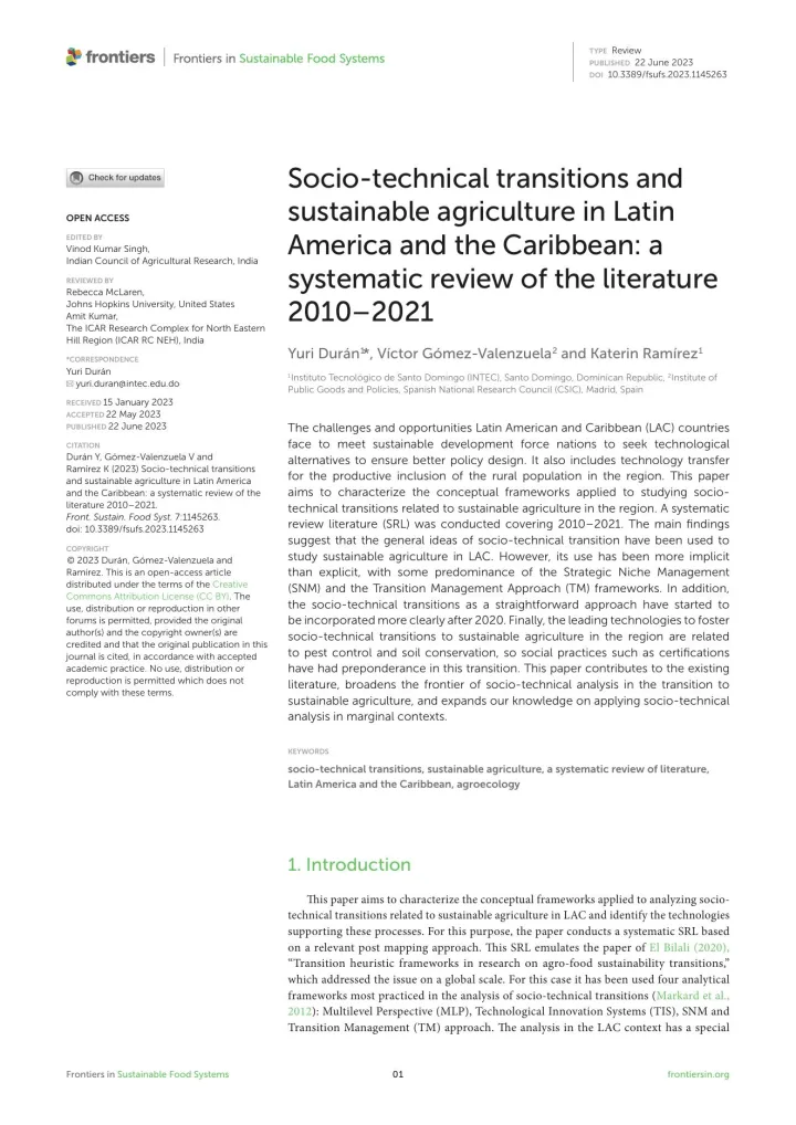 Portada de Socio-technical transitions and sustainable agriculture in Latin America and the Caribbean: a systematic review of the literature 2010–2021