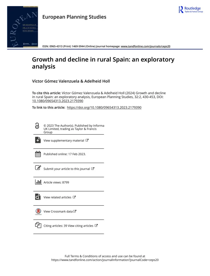 Portada de Growth and decline in rural Spain: an exploratory analysis