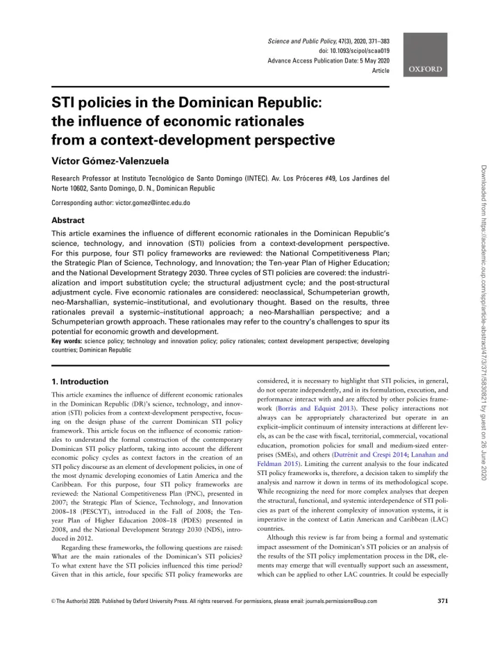 Portada de STI policies in the Dominican Republic: the influence of economic rationales from a context-development perspective