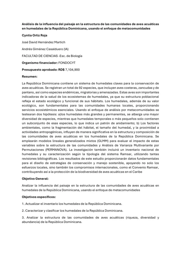 Portada de Análisis de la influencia del paisaje en la estructura de las comunidades de aves acuáticas en humedales de la República Dominicana, usando el enfoque de metacomunidades