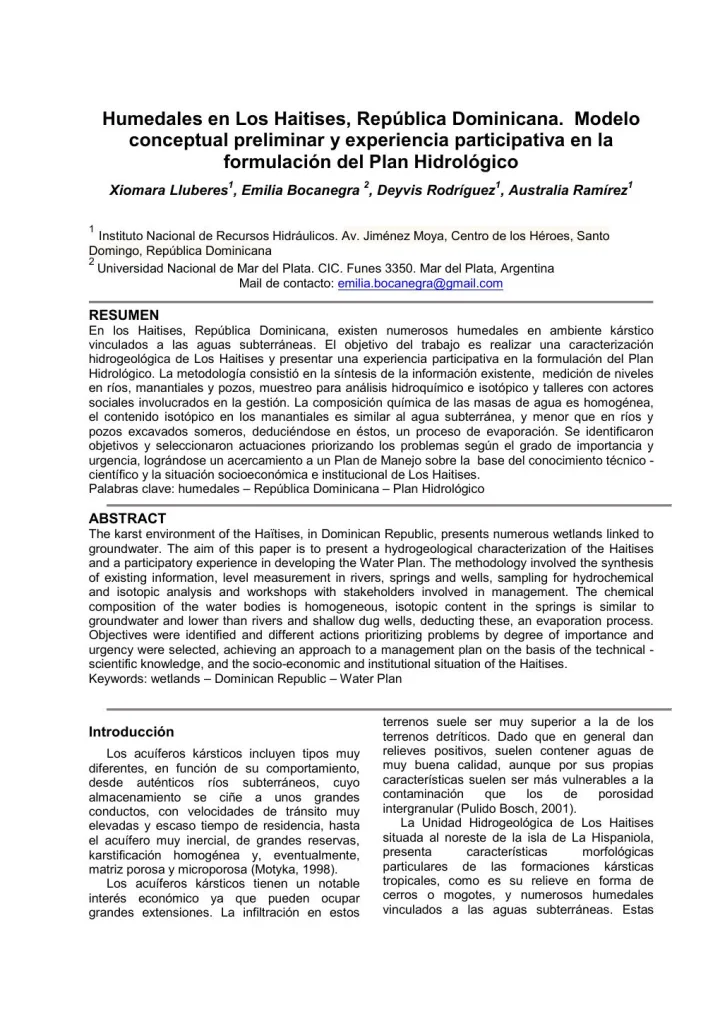 Portada de Humedales en Los Haitises, República Dominicana. Modelo conceptual preliminar y experiencia participativa en la formulación del Plan Hidrológico