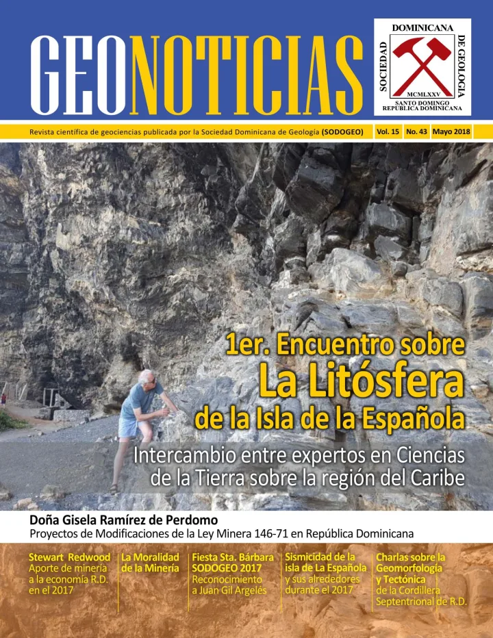 Portada de GEONOTICIAS: Revista científica de geociencias publicada por la Sociedad Dominicana de Geología (SODOGEO) Vol. 15 No. 43 Mayo 2018