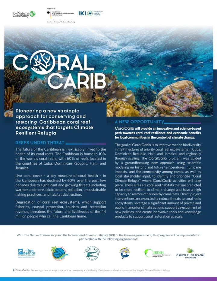 Portada de CoralCarib: Pioneering a new strategic approach for conserving and restoring Caribbean coral reef ecosystems that targets Climate Resilient Refugia