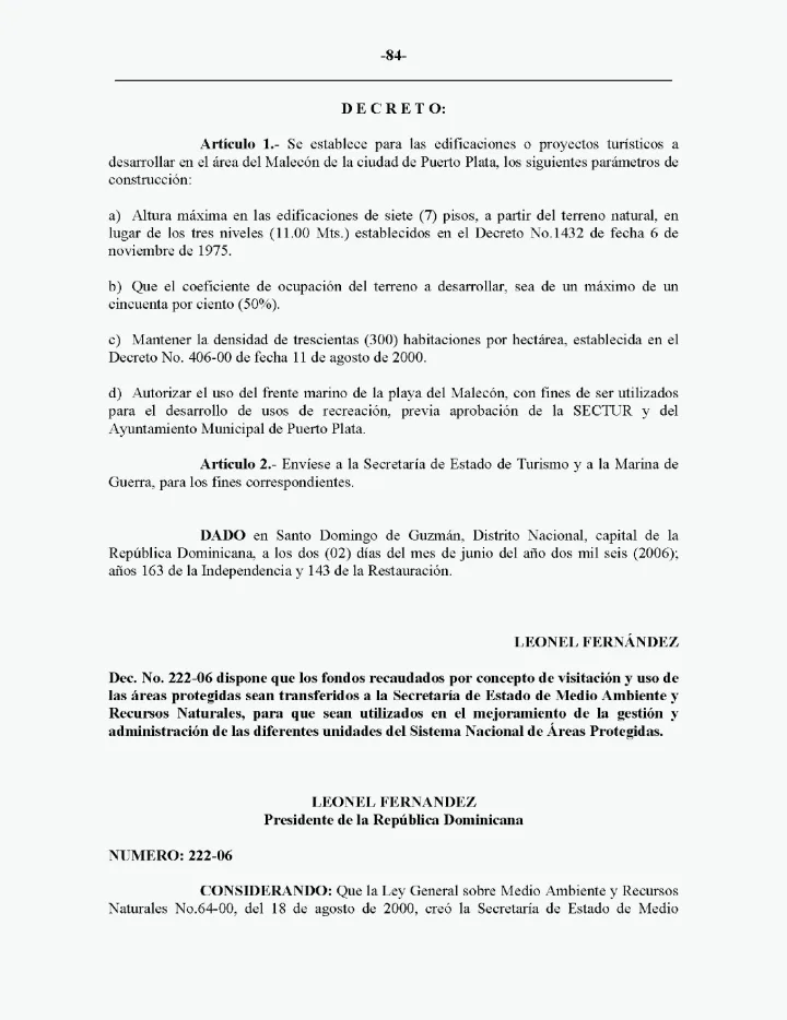 Portada de Decreto No. 222-06 que dispone que los fondos recaudados por concepto de visitación y uso de las areas protegidas sean transferidos a la secretaria de estado de Medio Ambiente y Recursos Naturales, para que sean utilizados en el mejoramiento de la gestion y administración las diferentes unidades del Sistema Nacional de Areas Protegidas.