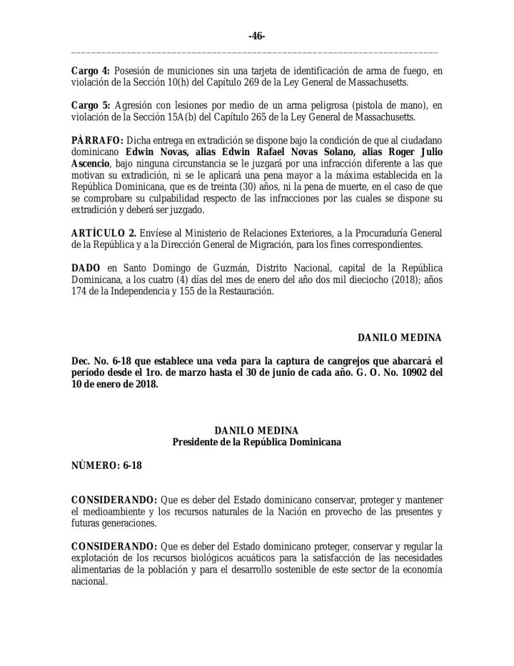 Portada de Decreto No. 6-18 que establece una veda para la captupa de cangrejos que acabara el periodo desde el 1ro. de marzo hasta el 30 de junio de cada ano.