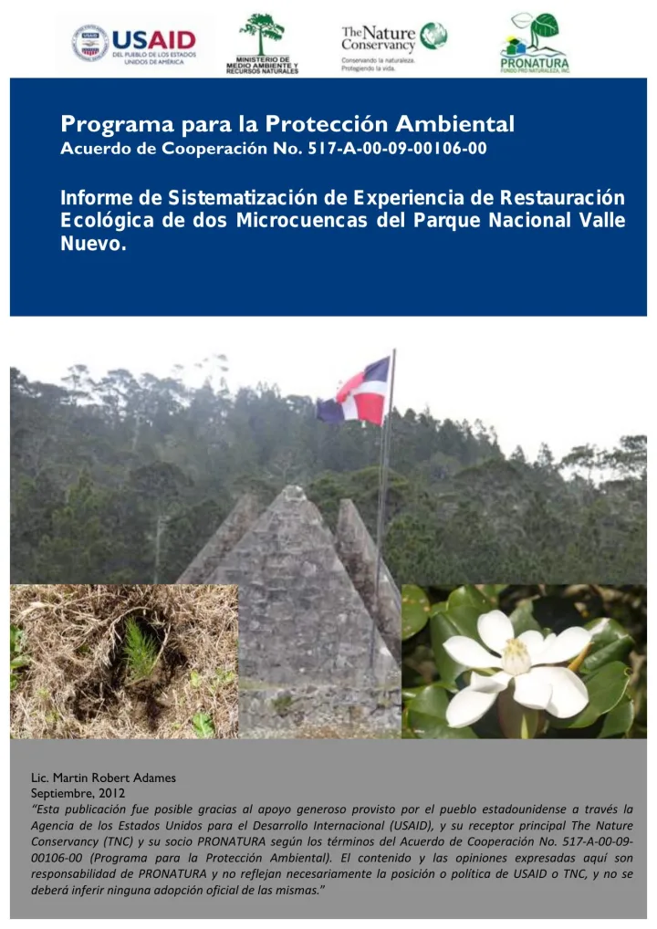 Portada de Informe de Sistematización de Experiencia de Restauración Ecológica de dos Microcuencas del Parque Nacional Valle Nuevo.