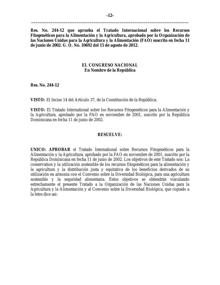 Portada de Resolución No. 244-12 que aprueba el Tratado Internacional sobre los Recursos Fitogenéticos para la Alimentación y la Agricultura, aprobado por la Organización de las Naciones unidas para la Agricultura y la Alimentación (FAO) suscrito en fecha 11 de junio de 2002.