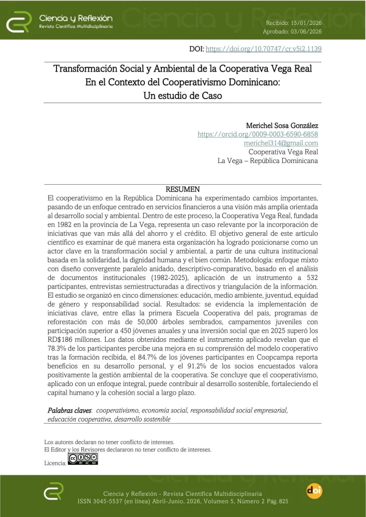 Portada de Transformación social y ambiental de la Cooperativa Vega Real en el contexto del Cooperativismo Dominicano: Un estudio de Caso